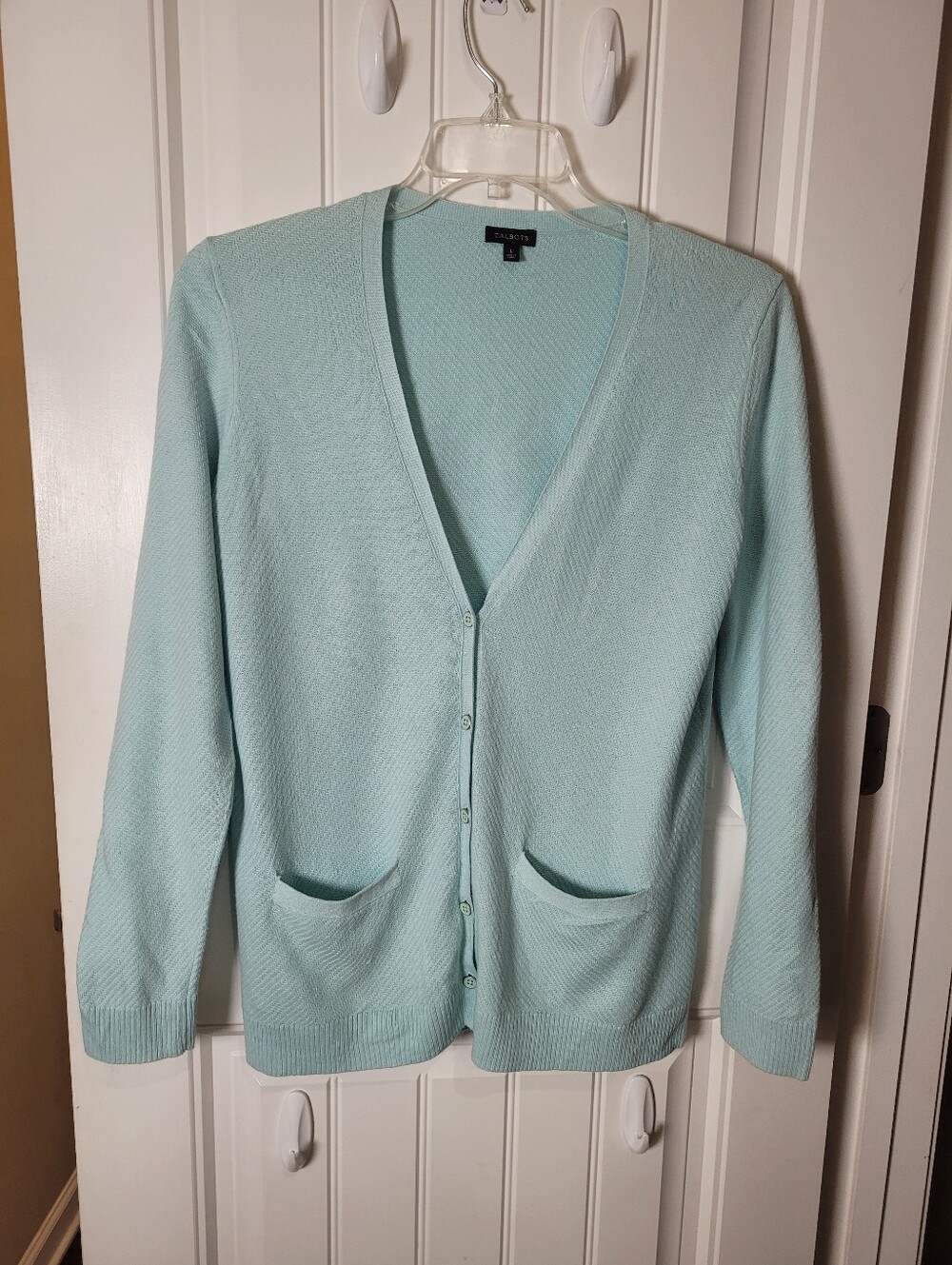 Talbots Women's Aqua Knit V-Neck Cardigan Size L Small thread pull on photo